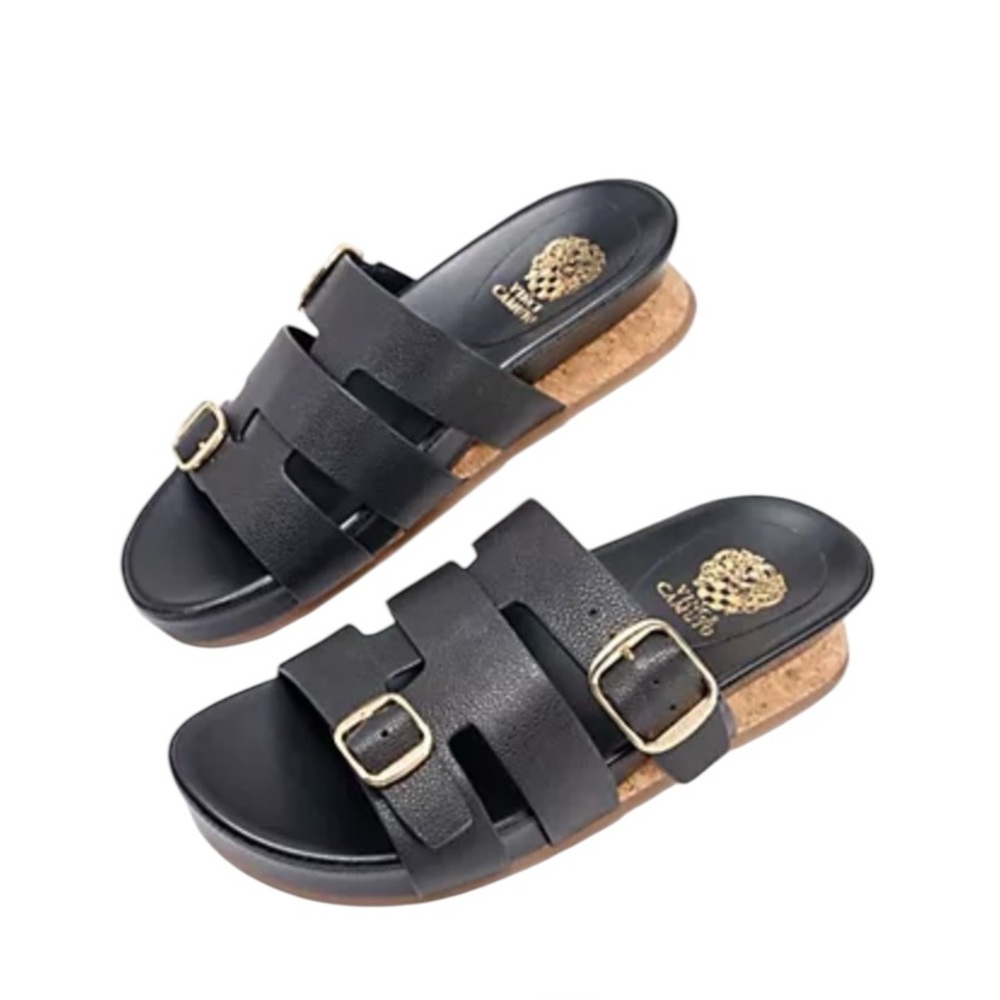 Vince Camuto Freoda Black Leather Slip on Sandals with Gold Buckles Size 6.5